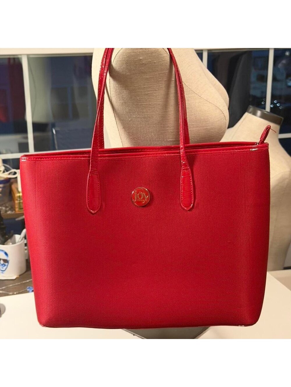 Joy Mangano Red Tote Bag with Crocodile Pattern Bottom
